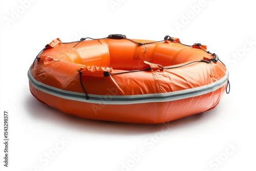 Bright Orange Inflatable Life Raft Ring Survival Equipment Safety and Sea Rescue on White Background. Generative Ai