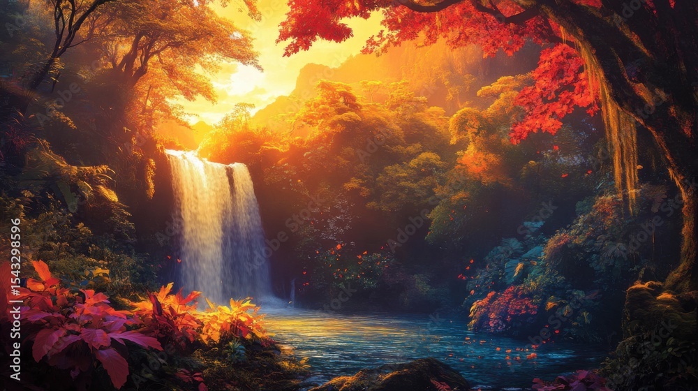 Fototapeta premium A stunning waterfall cascades through a vibrant autumn forest, with hues of orange and red surrounding a peaceful pool, encapsulating the beauty of nature's changing seasons.