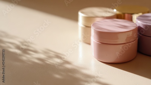 Elegant Pink and Gold Cosmetic Jars on Beige Background with Soft Light and Shadows