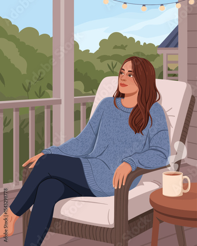 Woman Relaxing on Porch with a Warm Drink, Summer Day Illustration