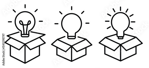 Bright idea pops out of box. Inspiration icon or out of the box idea with light bulb on transparent background
