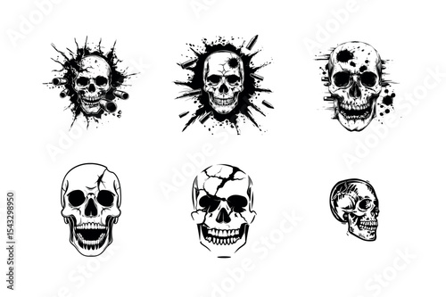 Six skull silhouettes with bullet holes and splatter