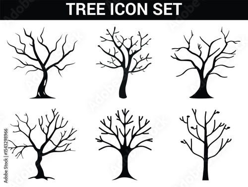 Tree Icon Set Six Black and White Silhouette Designs of Bare Trees Against White