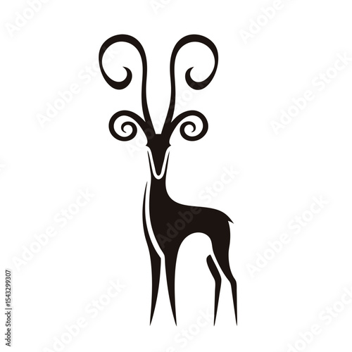 Black silhouette of a gazelle or antelope with abstract horns and elegant long legs in minimalist vector art style, suitable for branding, logos, and icons

