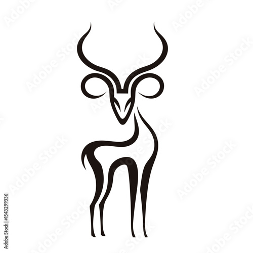 Antelope vector logo icon in abstract minimalist style, featuring long symmetrical horns, tribal silhouette posture, and slender body in black elegant design

