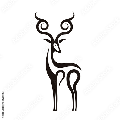 Elegant gazelle icon in minimalist vector silhouette with curved horns, upright stance, long legs, and tribal inspiration for modern branding or design work


