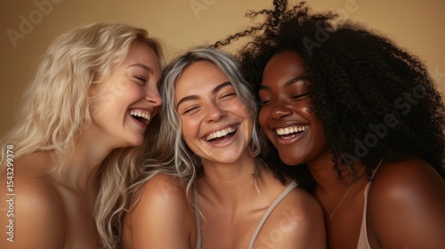Joyful portrait of diverse women laughing together captures natural beauty, authentic emotion, and positive feminine connection in a warm lifestyle scene.