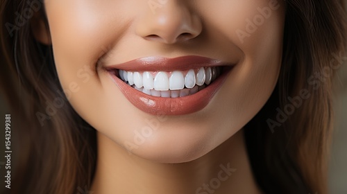 Close-up of a confident smile with perfect white teeth highlights dental health, oral care, and beauty, ideal for cosmetic, wellness, or skincare themes.