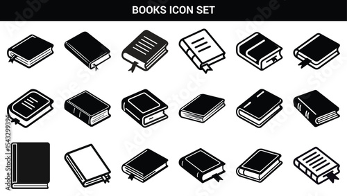 Black and White Icon Set Depicting Various Book Designs with Ribbons and Lines