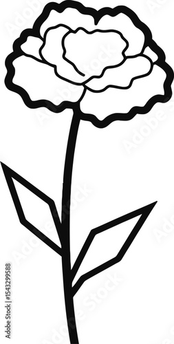 Black and White Outline of a Rose on Stem with Geometric Leaves
