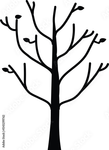 Black silhouette of a bare tree with sparse leaves isolated on white