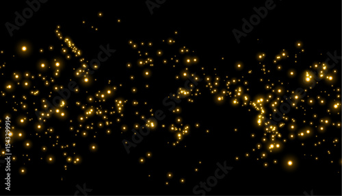 Shiny and golden sparkle dust on dark background. Containing sparkle, gold, glitter, dust, golden, dark, background, shiny, abstract, light, magic and more. Victor illustration.