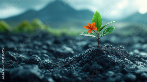 Resilient green plant growing from black volcanic rock lava field, symbolizing life and strength. 