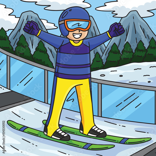Male Ski Jumper Raising Arms Colored Cartoon 