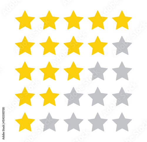 Five stars icon Vector.  Five stars review rating vector illustration. rating star icon. review icon. Set of different ratings. Vector illustration
