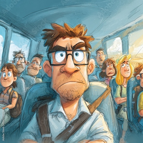 Passengers aboard a bus, filled with expressions of concern.