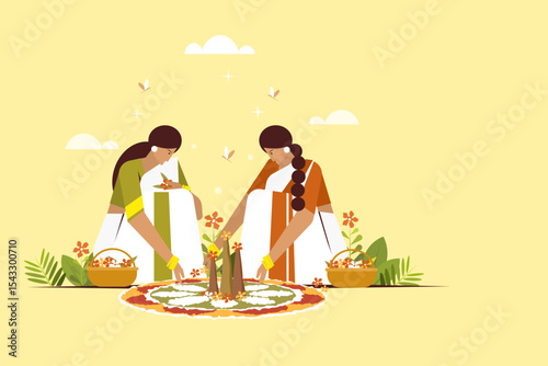 Traditionally dressed women making floral designs on floor. Concept of Onam festival in Kerala	
