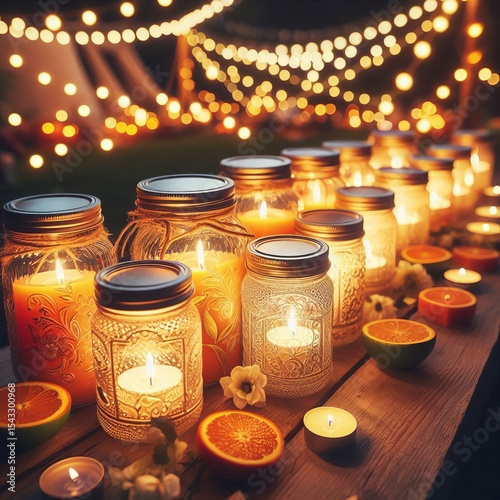 A line of candles in jars for a summer night festival