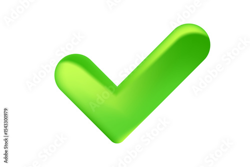 Cute 3D eco friendly check mark icon isolated, transparent background. Yes or approve icon, vote vector clipart. Glowing glass or plastic texture cyber data protection, safety or trust