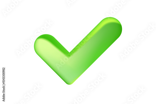 Cute 3D eco friendly check mark icon isolated, transparent background. Yes or approve icon, vote vector clipart. Glowing glass or plastic texture cyber data protection, safety or trust