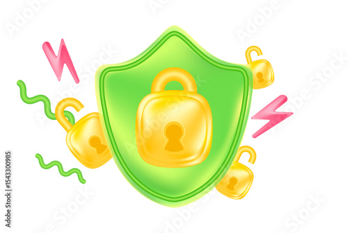 Cute gold 3D data security locked, unlocked padlock protection icon, light green security shield design element isolated, transparent background. Glowing glass texture cyber data illustration.