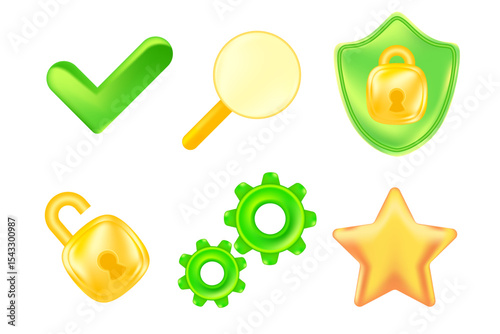 Cute gold 3D security icon set shield, green check mark, security unlocked padlock, star, search, gears design element isolated, transparent background. Glowing glass texture cyber data illustration.