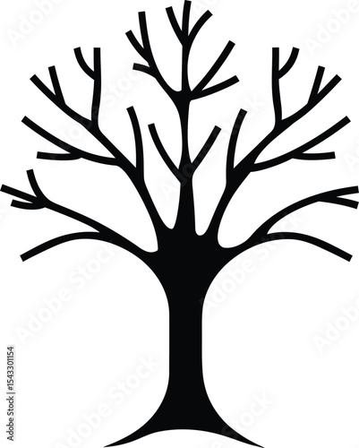 Isolated Silhouette of a Bare Tree with Symmetrical Branches and a Thick Trunk on White Background