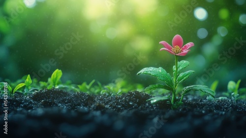 A vibrant pink flower stands out with delicate petals amidst raindrops, symbolizing resilience and beauty in a lush green environment filled with fresh life.