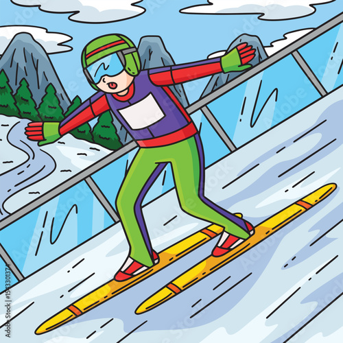 Male Ski Jumper Telemark Landing Colored Cartoon 