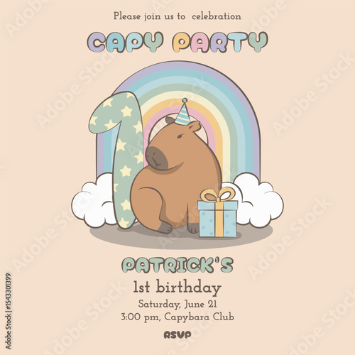 Cute Capybara First Birthday Card with Rainbow and Gifts 