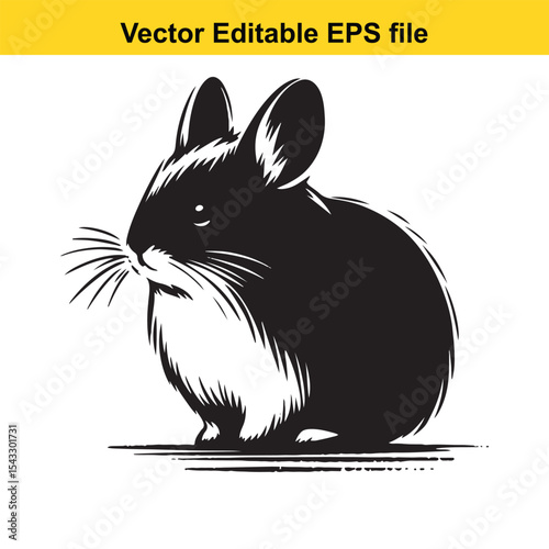 Monochromatic Vector Illustration of a Small Rodent with Bushy Whiskers, Rounded Body, and Large Ears Pointing Upward
