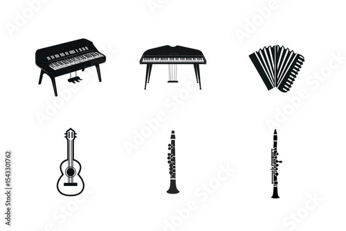 Musical instruments silhouette icons set