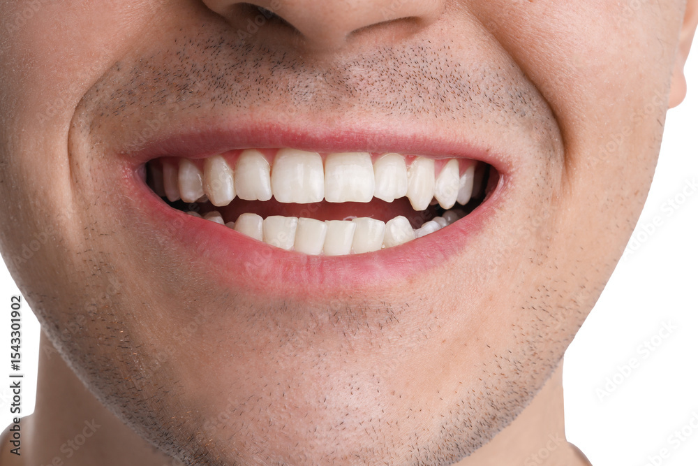 Fototapeta premium Young man with healthy teeth isolated on white background, closeup