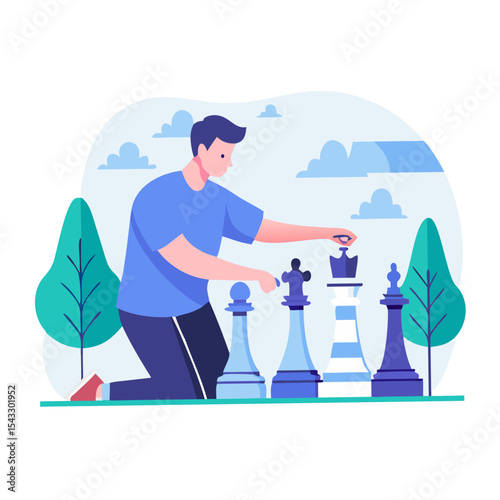 Chess player strategizing by placing a piece on a chessboard in a serene environment
