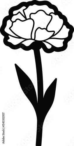 Simple Black and White Floral Illustration Single Flower with Stem and Leaves Isolated