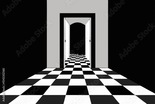 An architectural interior corridor featuring dark blue and black and white doors along an empty stone wall, illuminated by dim light