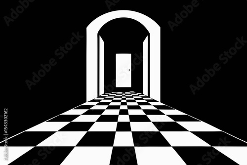 A dark blue door and a black and white door stand against a black and white wall with a checkered floor in a perspective design