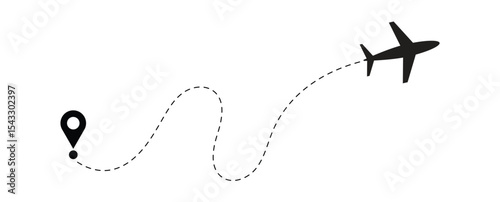 “Airplane Flight Route with Location Points – Dotted and Curved Line Path Tracing for Travel Maps and Navigation Design on White Background”
