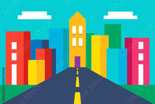 A vibrant cartoon cityscape illustration featuring roads winding through urban areas and past diverse buildings under a vast sky, perfect for business and real estate banners