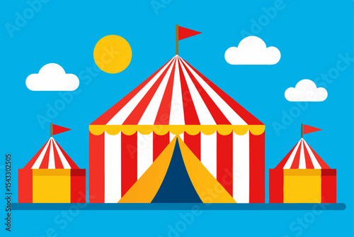 A vibrant striped circus tent vector illustration offers a fun vintage carnival entertainment background