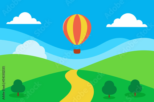 Lush green summer landscape with trees, rolling hills, and a clear blue sky with white clouds