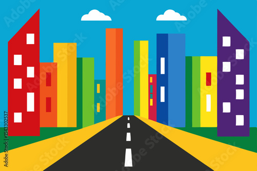 Colorful urban street leading to a vibrant cityscape with towering buildings and a clear sky, depicting modern town architecture and a busy downtown road
