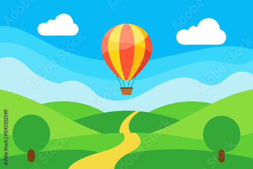 Colorful hot air balloons dot the sky, flying over a green summer landscape