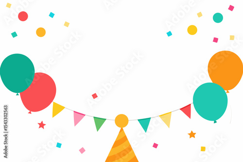 Colorful party balloons, confetti, and ribbons decorate a happy birthday celebration scene, perfect for an anniversary greeting card or festive event decoration