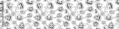 Vector Seamless pattern with pumpkins, Jack o Lantern. Halloween backgrounds and textures in flat doodle style, isolated.