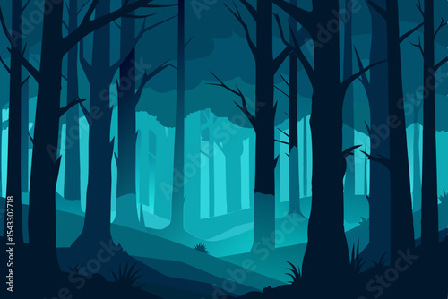 Spooky Halloween forest vector illustration: a dark autumn night landscape with old trees and a glowing moonlit sky
