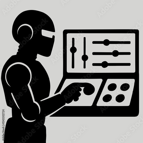 Silhouette of a Robot Interacting with a Control Panel Featuring Sliders and Buttons Set Against a Light Gray Background Conveying Automation and Technology