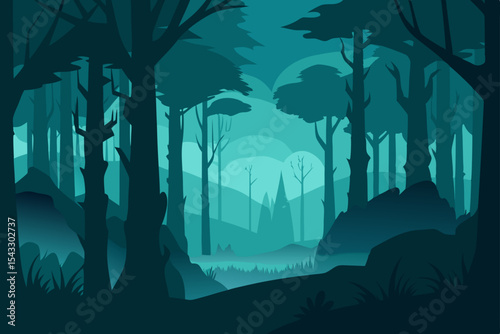 Dark Halloween forest with spooky trees and moonlit city skyline vector illustration