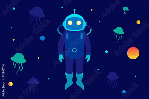 A fun cartoon alien and astronaut in a space rocket fly by the moon and stars on a winter night
