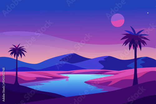 Golden sunset over a tropical beach with palm trees silhouetted against the night sky, a perfect summer paradise landscape